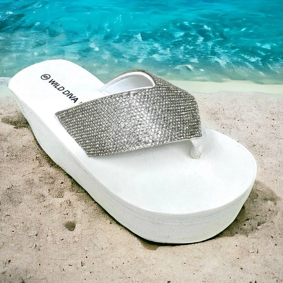 Wild Diva Heat Pink Y2K Rhinestone Embellished Ultra Platform Wedge Sandals - Picture 8 of 10